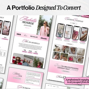 May include: A pink and white portfolio showcasing a woman's social media content creation services. The portfolio includes examples of content, client testimonials, and pricing packages. The text "A Portfolio Designed To Convert" is at the top of the page.