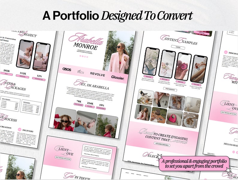 May include: A pink and white portfolio showcasing a woman's social media content creation services. The portfolio includes examples of content, client testimonials, and pricing packages. The text "A Portfolio Designed To Convert" is at the top of the page.