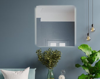 LED Square Bathroom Mirror, Rear Lighted Illuminated Vanity Mirror, Modern Backlit Design