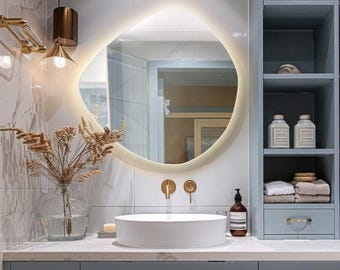 Asymmetrical LED Mirror Rear Lighting, Irregular Shape Lighted Bathroom Vanity Mirror 74×79 cm