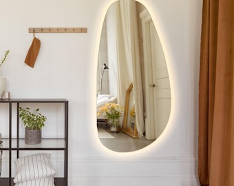 Irregular shaped LED mirror full length, Asymmetrical bathroom mirror with lights, On-off touch button