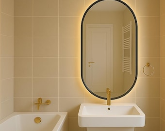 Oval LED Bathroom Mirror: Black Frame, Anti-Fog, Backlit, Touch switch