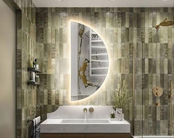 Half Moon Mirror with LED Lights, Semi Circle Backlit Mirror, Touch Sensor, Framless