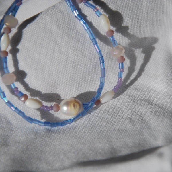 Bracelet double perlé nacre, cristal et rocaille bleu ~ UNDINE