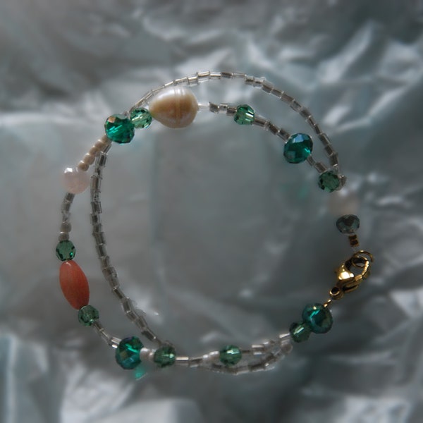 Double bracelet perlé nacre, cristal et rocaille argenté  ~ LIGIE