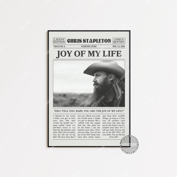 Chris Stapleton Newspaper Print, Joy of My Life Poster, Lyrics Print, Chris Stapleton Poster, Starting Over Poster, LC3