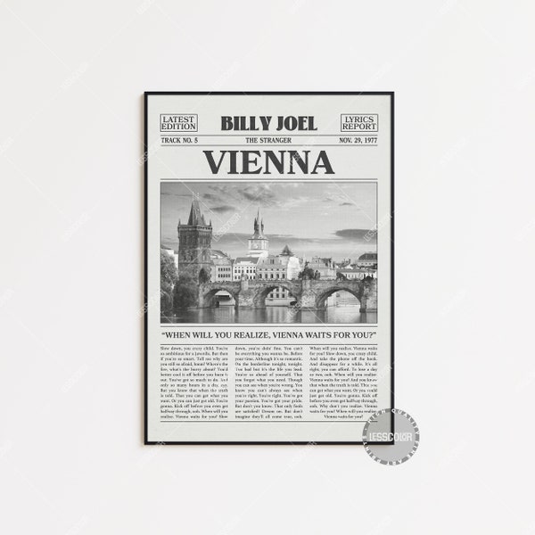 Billy Joel Retro Newspaper Print, Vienna Poster, Vienna Lyrics Print, Billy Joel Poster, The Stranger Poster, LC3