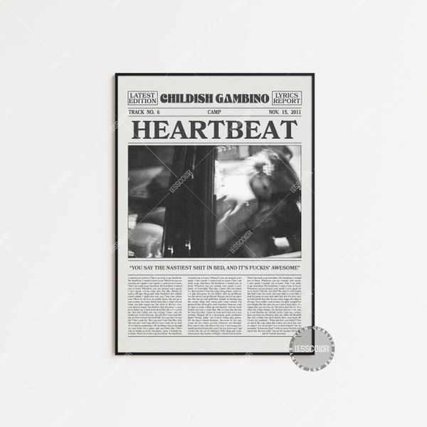 Childish Gambino Retro Newspaper Print, Heartbeat Poster, Heartbeat Lyric Print, Childish Gambino Poster, Camp Poster,  LC3 LESS102