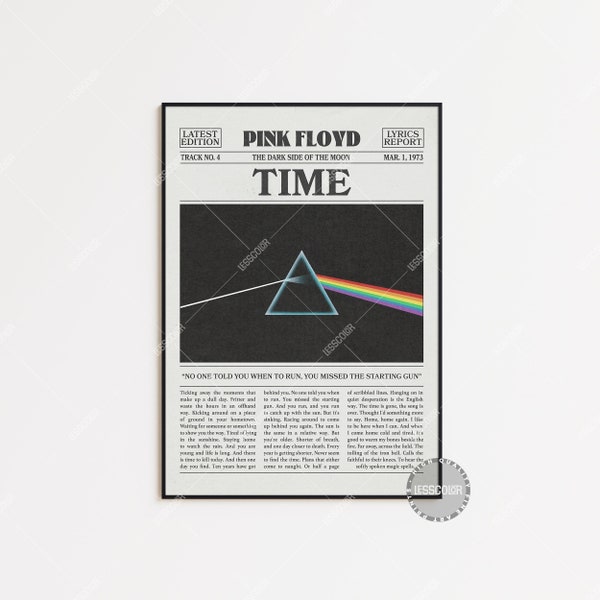 Pink Floyd Retro Newspaper Print, Time Poster, Time Lyrics Print, Pink Floyd Poster, The Dark Side of the Moon Poster, , LC3 V2 LESS396