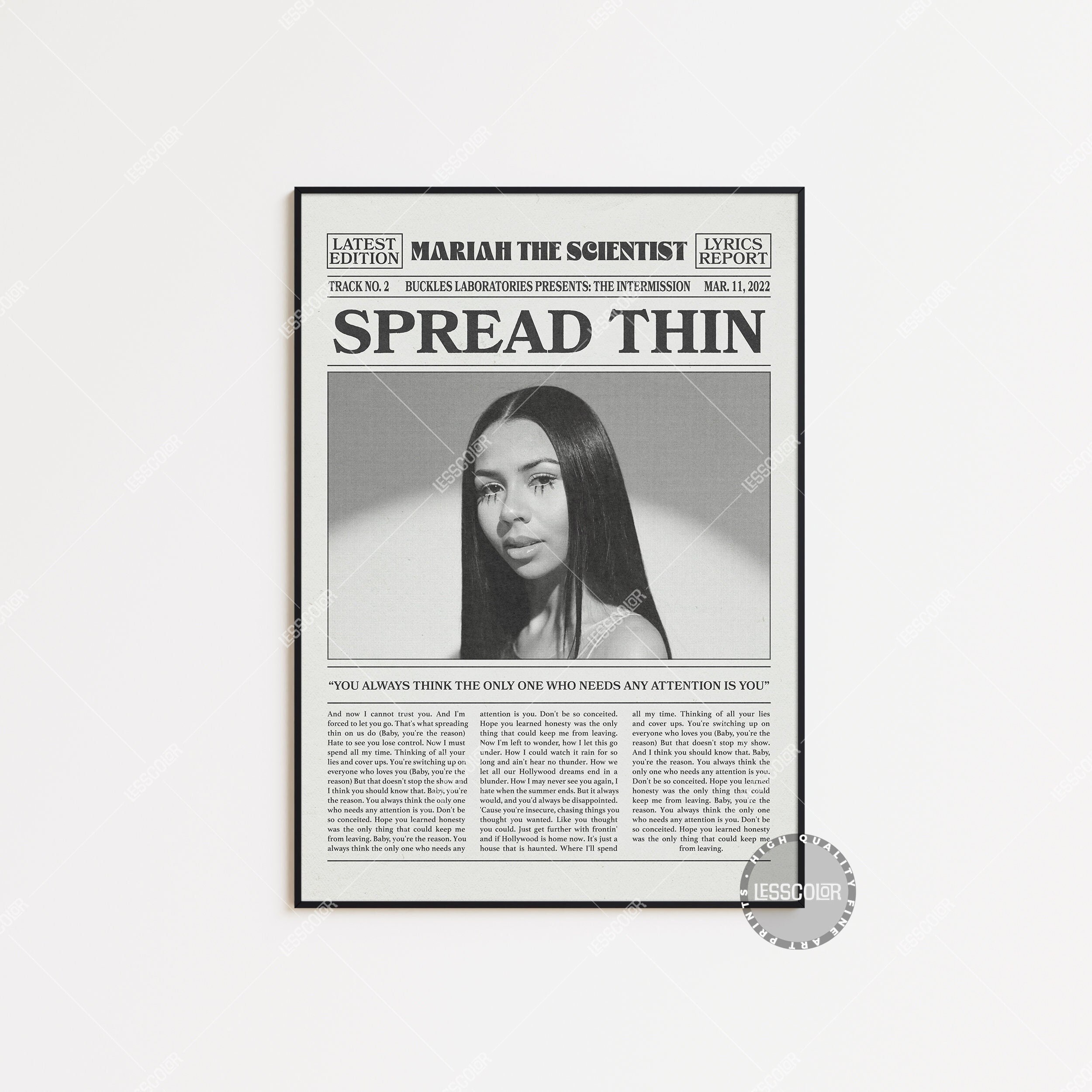 Mariah the Scientist Newspaper Print, Spread Thin Poster, Lyrics Print