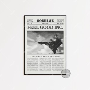 Gorillaz Retro Newspaper Print, Feel Good Inc Poster, Feel Good Inc Lyrics Print, Gorillaz Poster, Demon Days Poster, LC3