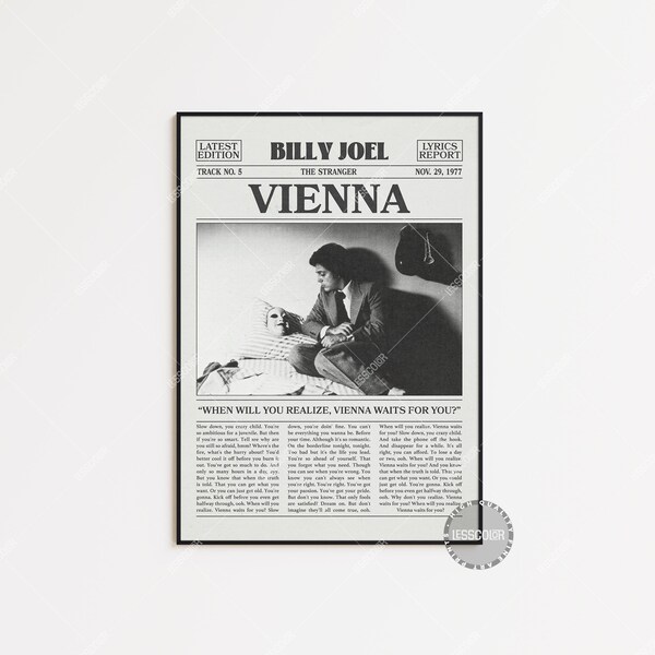 Billy Joel Retro Newspaper Print, Vienna Poster, Vienna Lyrics Print, Billy Joel Poster, The Stranger Poster, LC3