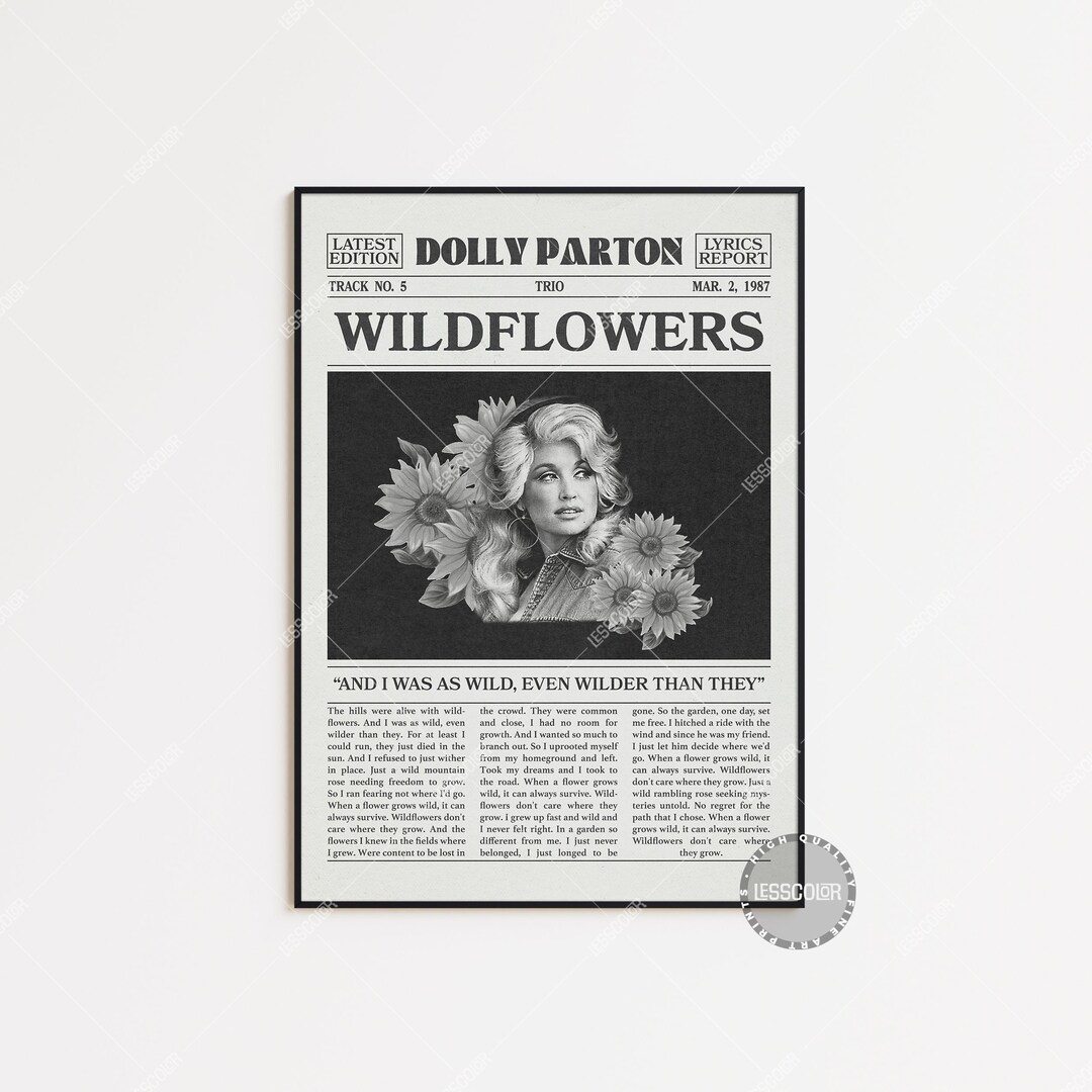 Dolly Parton Retro Newspaper Print, Wildflowers Poster, Wildflowers Lyrics Print, Dolly Parton