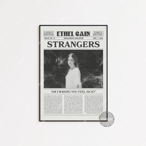 Ethel Cain Retro Newspaper Print, Strangers Poster, Strangers Lyrics Print, Preacher’s Daughter, Ethel Cain Poster, LC3