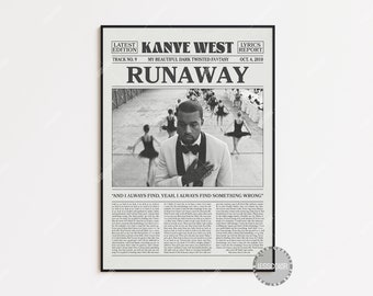 Kanye West Retro Newspaper Print, Runaway Poster, Runaway Lyrics Print, Kanye West Poster, ,My Beautiful Dark Twisted Fantasy, LC3 LESS270