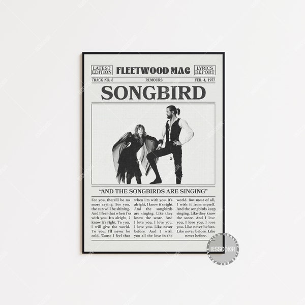 Fleetwood Mac Retro Newspaper Print, Songbird Poster, Songbird Lyric Print, Fleetwood Mac Poster, Rumours Poster,  LC3