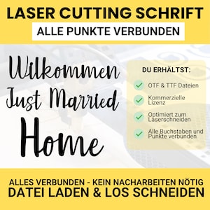 Puede incluir: Un diseño gráfico con las palabras "Wilkommen", "Just Married" y "Home" en fuente negra. La imagen también incluye texto en alemán, como "LASER CUTTING SCHRIFT" y "ALLE PUNKTE VERBUNDEN".