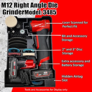 May include: A black storage case containing a red and black M12 right angle die grinder, model 3485. The case includes storage for bits, accessories, 2" and 3" discs, and an extra battery. The text on the image says "Laser Scanned for Perfect Fit".