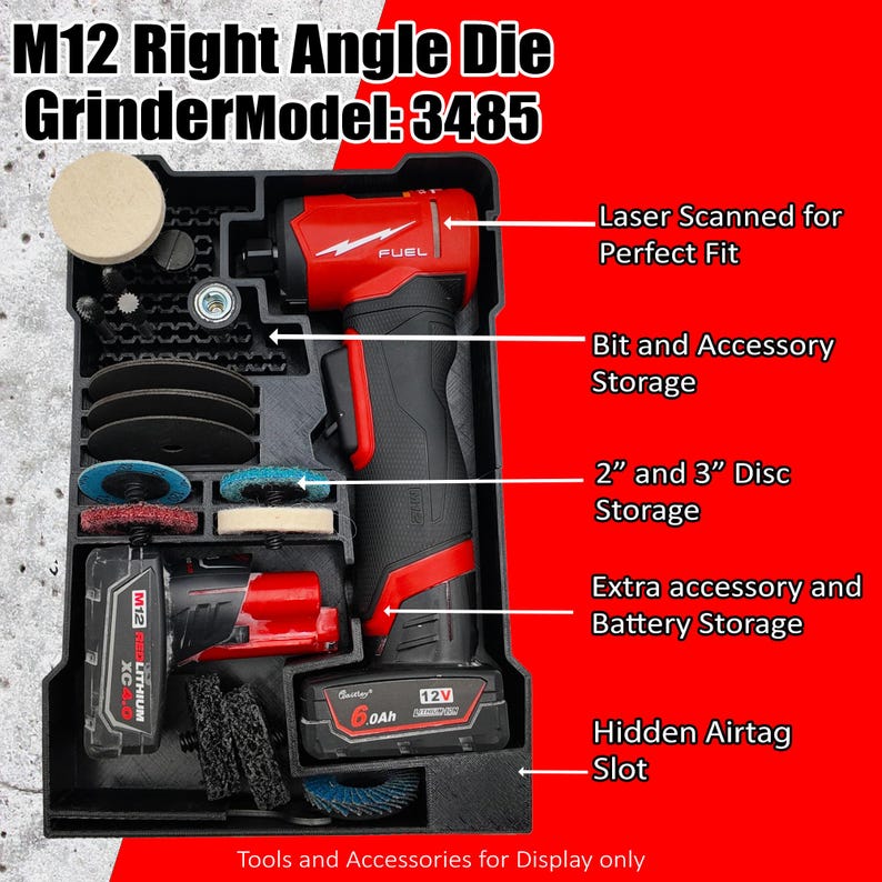 May include: A black storage case containing a red and black M12 right angle die grinder, model 3485. The case includes storage for bits, accessories, 2" and 3" discs, and an extra battery. The text on the image says "Laser Scanned for Perfect Fit".