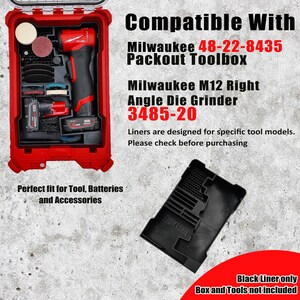 May include: Red Packout toolbox with a Milwaukee M12 Right Angle Die Grinder and accessories. The image includes text that reads "Compatible With Milwaukee 48-22-8435 Packout Toolbox" and "Perfect fit for Tool, Batteries and Accessories."