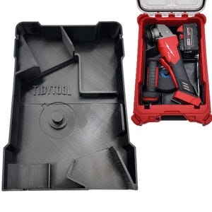 May include: Black plastic tool organizer with the text "TIDYTOOL" and a red tool case containing a red and black angle grinder and battery. The tool case is open, revealing the tools inside.