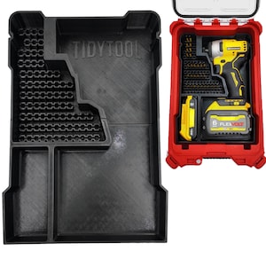 May include: Black 3D-printed organizer with the text "TIDYTOOL" and a red tool case. The organizer has multiple compartments for tools and accessories. The red case contains a yellow and black drill and battery.