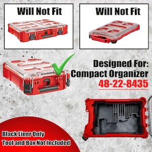 May include: Red compact organizer with a clear lid, designed for tool storage. The image includes text that reads "Will Not Fit" on two other organizers. The text "Designed For: Compact Organizer 48-22-8435" is also visible.