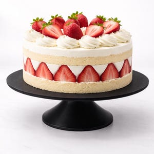 May include: A layered cake with white frosting, fresh strawberries, and whipped cream swirls. The cake sits on a black cake stand against a white background. The cake has a layer of strawberries around the sides.