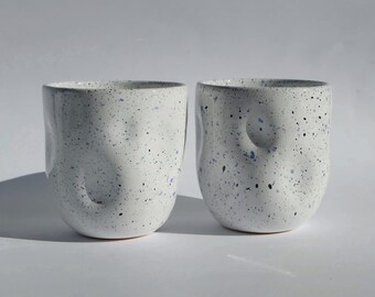 Set of two ceramic coffee cups, Two white pottery tumblers, White cup with gray and blue speckles, Tumbler with an uneven shape Nordic style