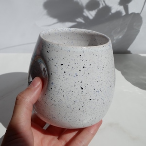 Handmade white ceramic tumbler, Thumb indent coffee cup, Speckled pottery mug, Handleless tea cup, Artisan drinkware, Matcha lover gift