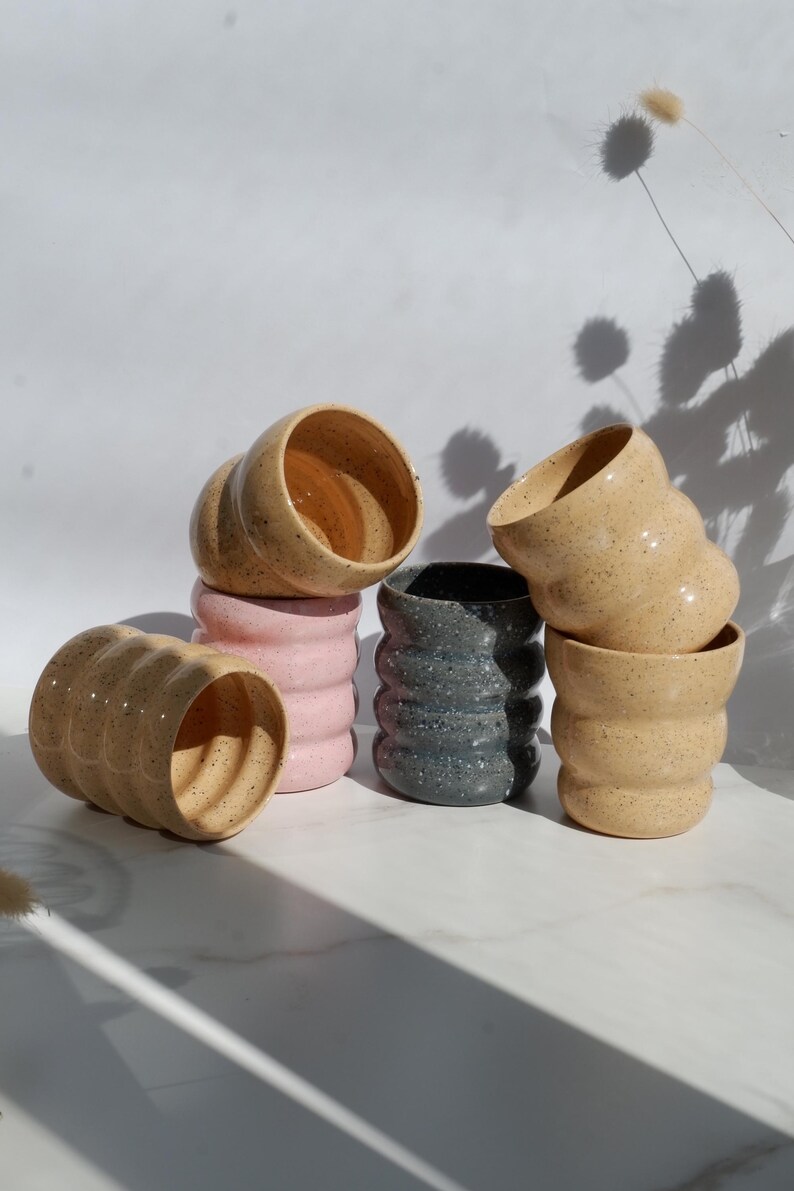 Cute pink bubble ceramic coffee cup, Handmade wavy stoneware tumbler, Glossy pink glaze, Crinkled pottery, Aesthetic matcha drinkware image 17