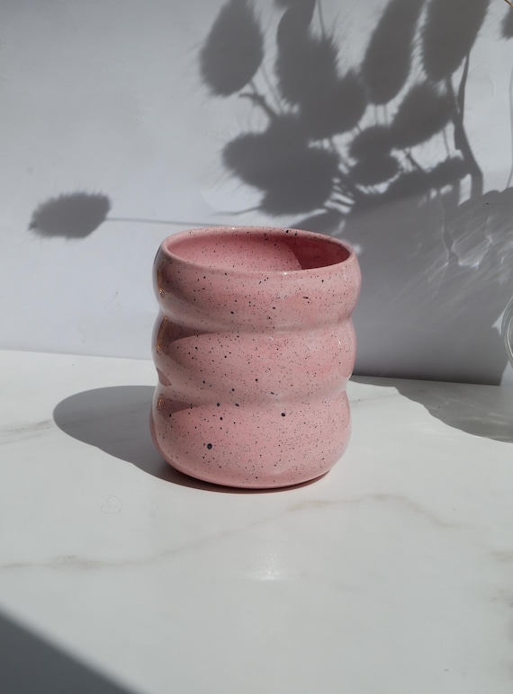 Cute pink bubble ceramic coffee cup, Handmade wavy stoneware tumbler, Glossy pink glaze, Crinkled pottery, Aesthetic matcha drinkware