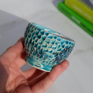 Pode incluir: Uma pequena tigela de cerâmica turquesa com um padrão texturizado em forma de escamas. A tigela tem uma forma arredondada e uma pequena base circular. O interior é um tom mais claro de turquesa. A tigela é segurada em uma mão.
