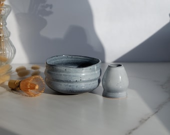 Handmade ceramic matcha bowl & whisk holder Black chawan with white speckles Japanese tea ceremony set Matcha lover gift Nordic style