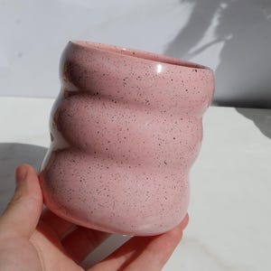 Cute pink bubble ceramic coffee cup, Handmade wavy stoneware tumbler, Glossy pink glaze, Crinkled pottery, Aesthetic matcha drinkware image 3