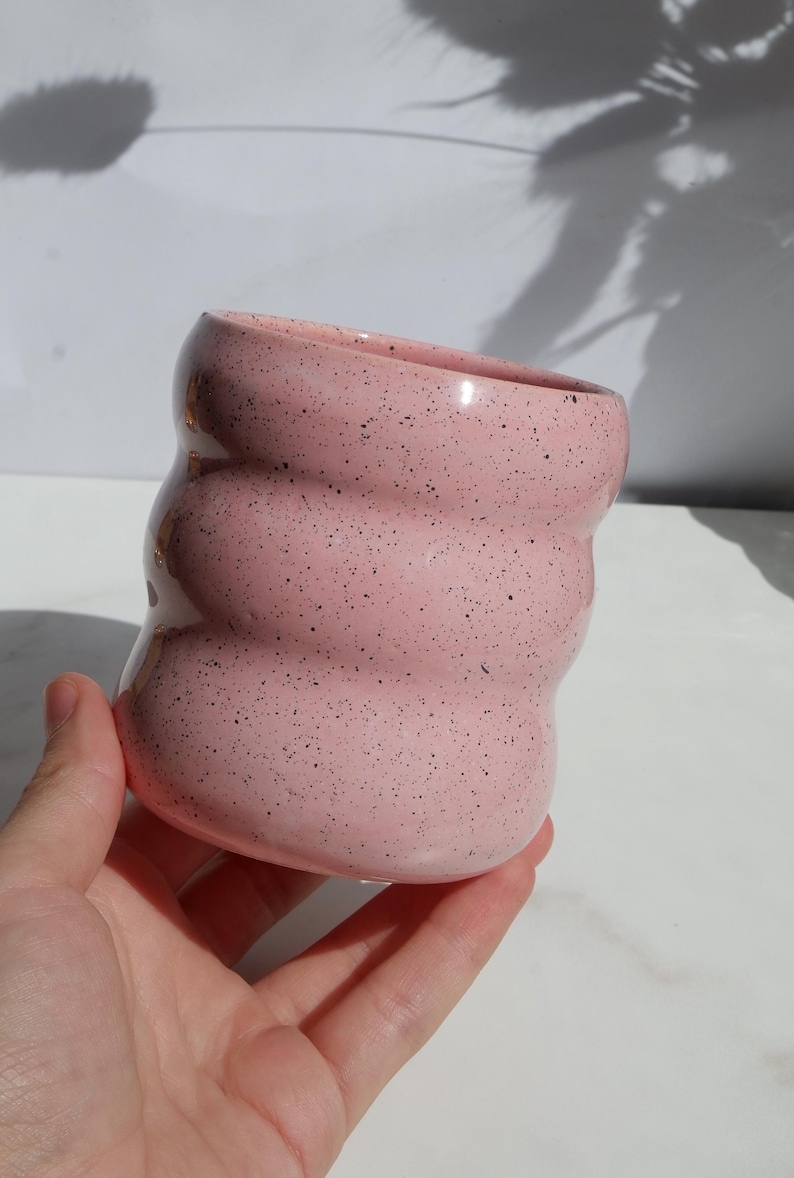 Cute pink bubble ceramic coffee cup, Handmade wavy stoneware tumbler, Glossy pink glaze, Crinkled pottery, Aesthetic matcha drinkware image 3