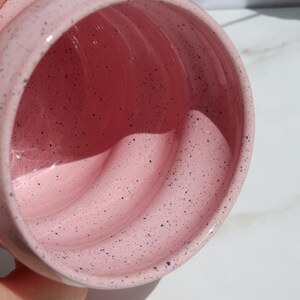 Cute pink bubble ceramic coffee cup, Handmade wavy stoneware tumbler, Glossy pink glaze, Crinkled pottery, Aesthetic matcha drinkware image 11