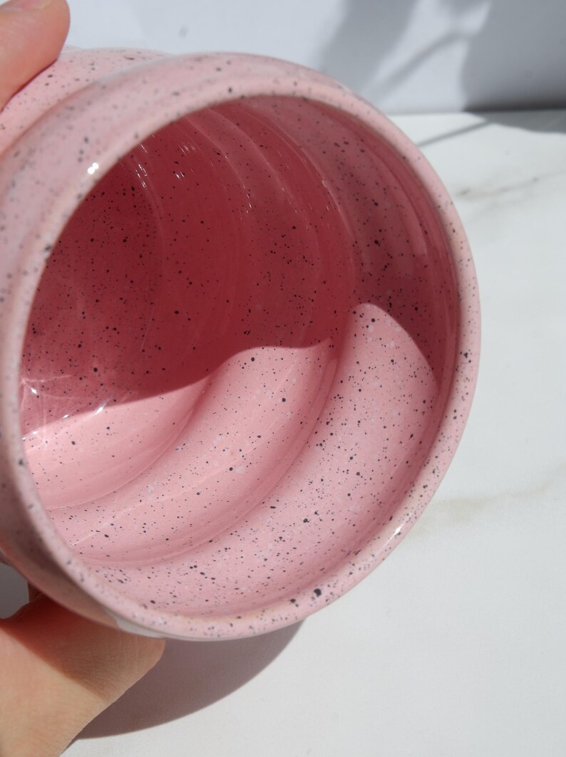 Cute pink bubble ceramic coffee cup, Handmade wavy stoneware tumbler, Glossy pink glaze, Crinkled pottery, Aesthetic matcha drinkware image 11