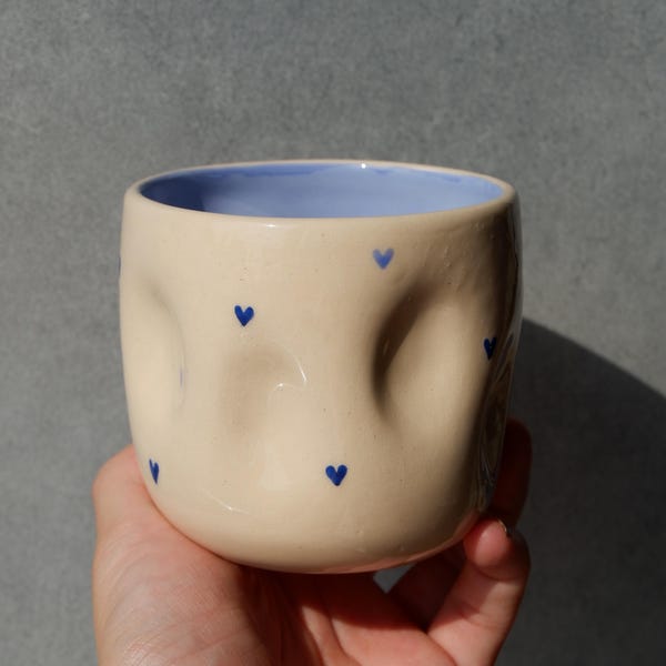 Cute beige cup with blue hearts Pottery coffee cup no handle Ceramic tumbler with blue hearts Matcha lover gift Mother’s Day gift Coffee cup