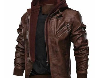 Men's Removable Hood Jacket Brown Biker Bomber Jacket