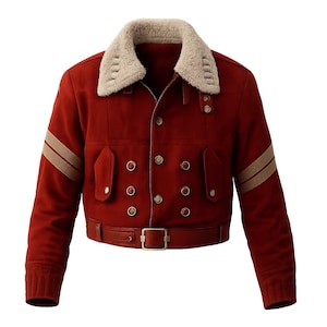 May include: A red jacket with a beige faux fur collar and a matching belt. The jacket features two beige stripes on each sleeve and multiple gold buttons. The jacket has two front pockets and a zipper closure.
