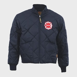 May include: Navy blue quilted jacket with a zip closure, two front pockets, and a ribbed collar and cuffs. Features a Chicago Fire Dept. emblem on the chest. The jacket has a diamond pattern.