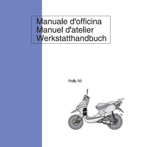 Puede incluir: Un dibujo en blanco y negro de una scooter, etiquetada como "Rally 50". La imagen es de un manual de taller para una scooter Aprilia. El texto "Manuale d'officina, Manuel d'atelier, Werkstatthandbuch" también está incluido. La imagen está etiquetada como "939V".