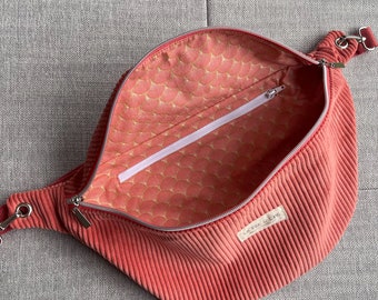 Sac banane XL en velours côtelé corail imprimé éventail doré et corail avec bandoulière amovible réglable