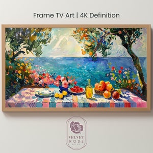 Summer Frame TV Art, Colorful Picnic, Spring Window View, Italy, Mediterranean, Oil Painting, DIGITAL DOWNLOAD, 4K High Res Artwork LAN007