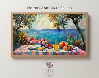 Summer Frame TV Art, Colorful Picnic, Spring Window View, Italy, Mediterranean, Oil Painting, DIGITAL DOWNLOAD, 4K High Res Artwork LAN007