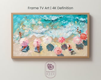 Coastal Frame TV Art, Pink Parasols, Beach House Holiday, Soft Aesthetic Decor, Minimal Ocean, 4K Digital Download, High Res Artwork BEA026