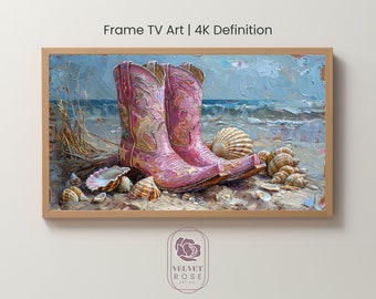 Pink Boots Frame TV Art, Coastal Cowgirl Boots, Soft Aesthetic, Girly Room Decor, Western Cowboy, Coquette, 4K High Res Download WES007