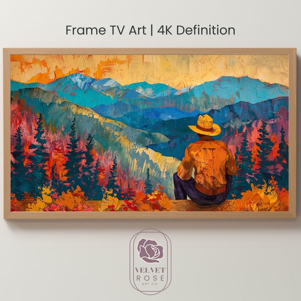 Frame TV Art Western, Southwest Decor, Moody Cowboy Over Mountains, Country Farmhouse Style, Beautiful View, 4K High Res Artwork WES009