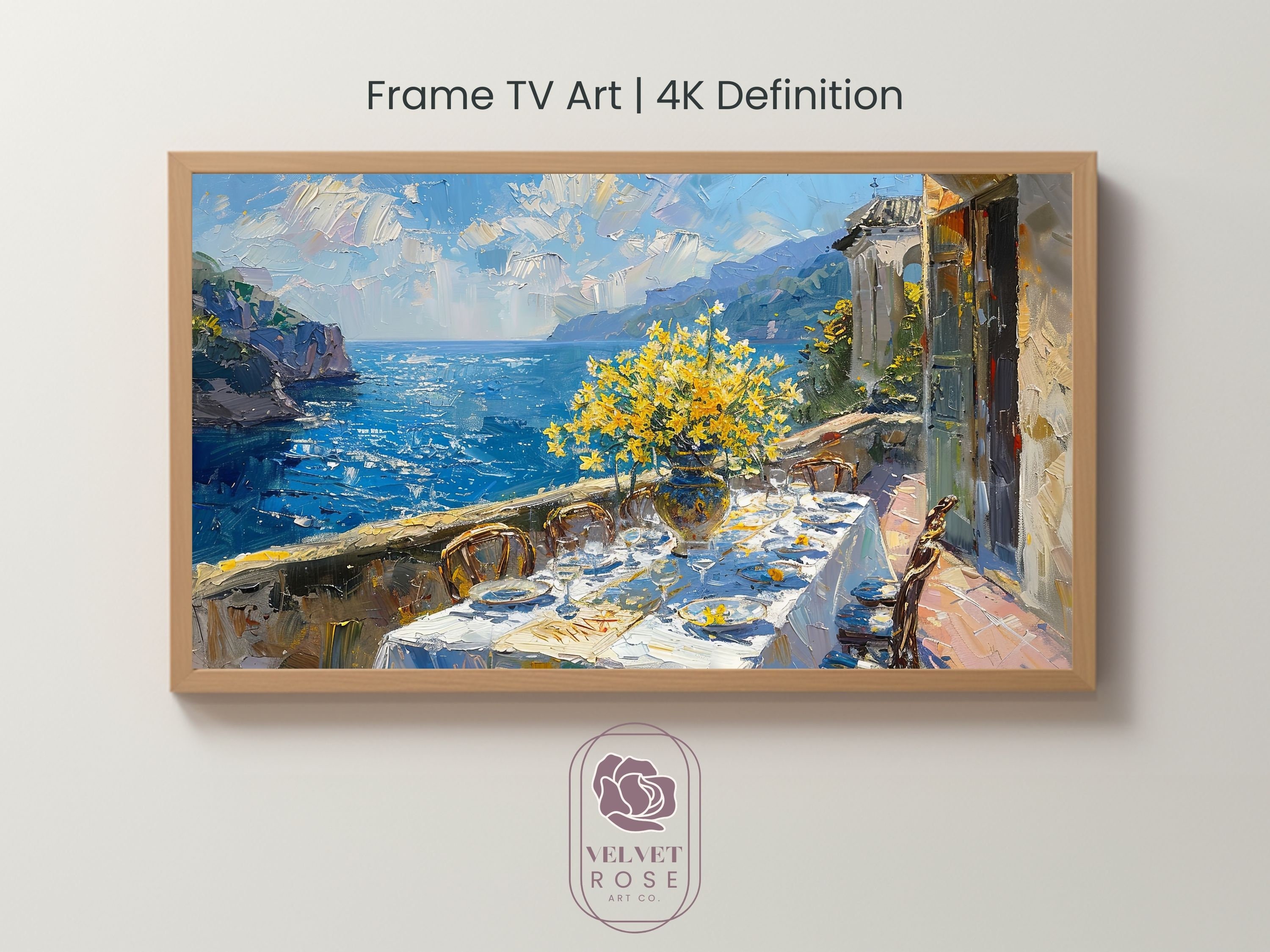 Summer Frame TV Art, Italy Coast, Greek Holiday, Spring Oil Painting, Textured, Dinner Party, 4K Digital Download, High Res Artwork LAN006